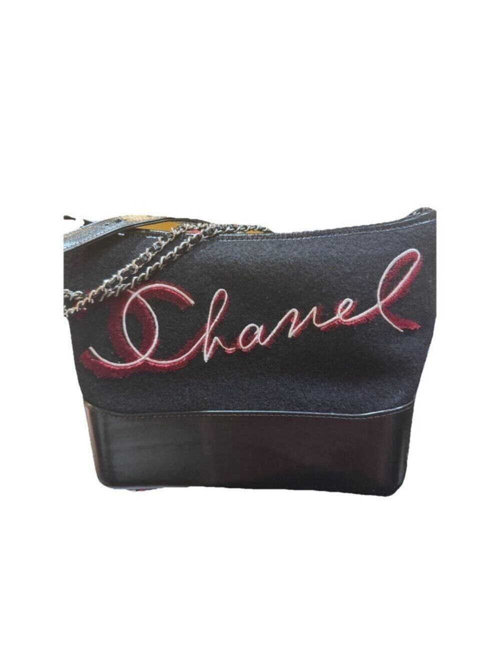 Chanel Calfskin Wool Embroidered Paris Hamburg Small Gabrielle Hobo Black